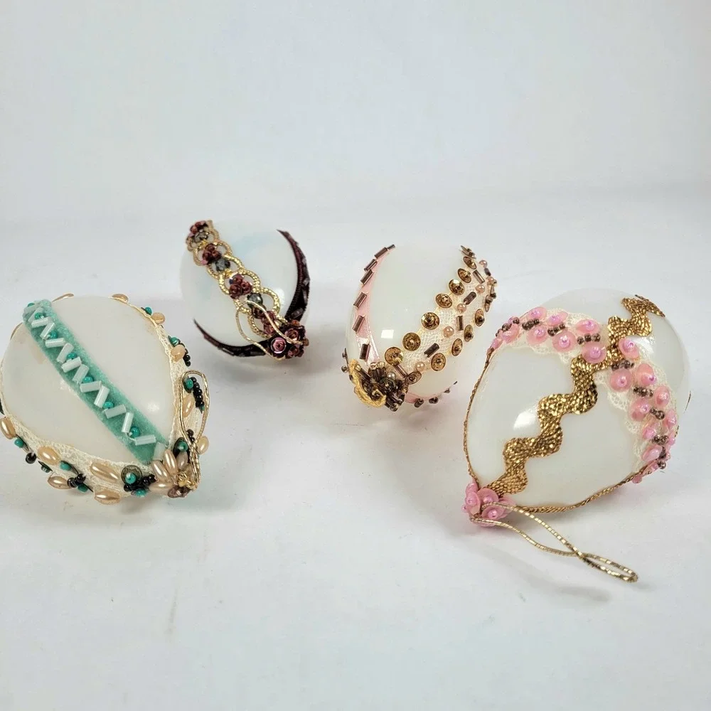Vintage Glass Beaded Eggs Ornaments Set of 4 Embellished‎ Handcrafted Pink Green